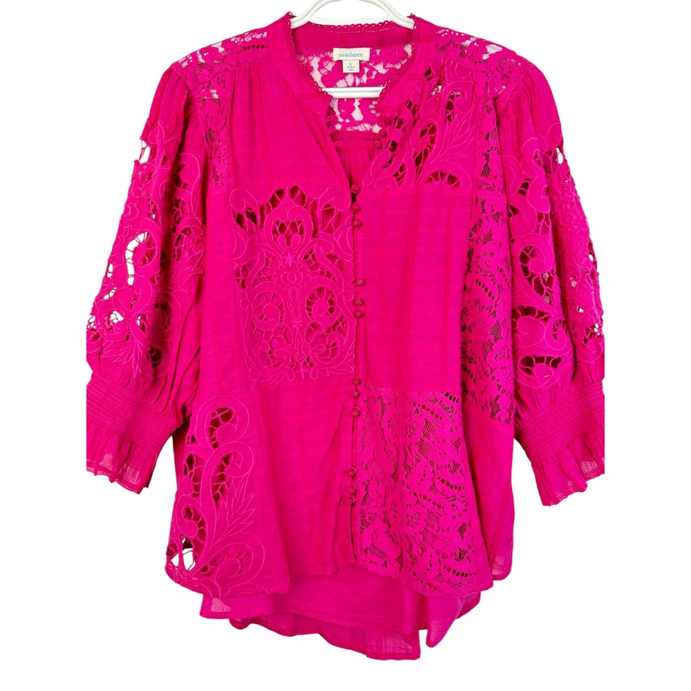 Sundance Garbo Pink Lace Patchwork Blouse Fuchsia Eyelet Button Front Top Large - Picture 2 of 8